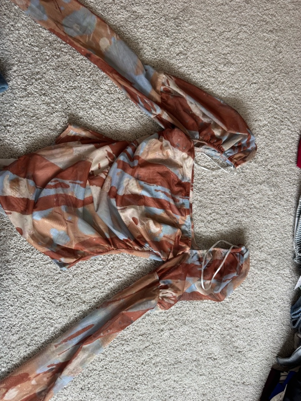 Nasty Gal Rust, Blue & Cream Sheer Long-Sleeve Crop Top